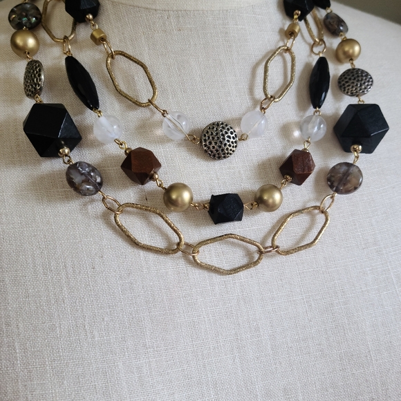 Layered Bead & Wood Necklace Triple Strand Boho Rustic Festival - Picture 2 of 6